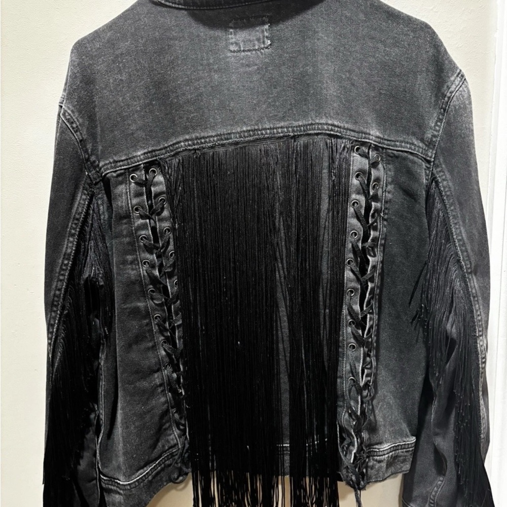Vintage Laced Back Black Fringe Jean Jacket
